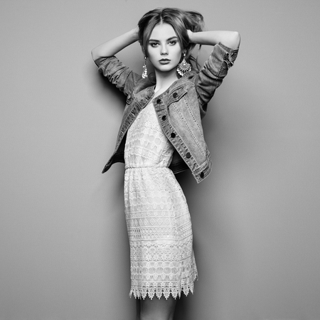 Fashion portrait of beautiful young woman in a summer dress. Beauty spring photo. Black and Whiteの写真素材