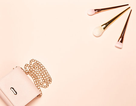 Fashion lady accessories set. Falt Lay. Stylish handbag. Make-Up brushes.  Women accessories. Trendy...