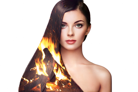 Double exposure photo of beautiful woman with long hair. Girl with perfect makeup and hairstyle. Model brunette with perfect healthy dark hairの写真素材