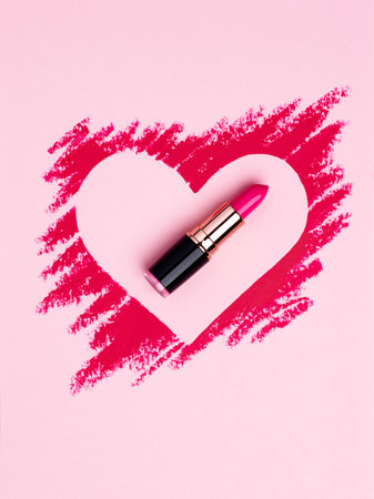 Valentine's Day background. Red and pink lipstick smeared in the shape of heart. Isolated on pink background. Cosmetic productsの写真素材