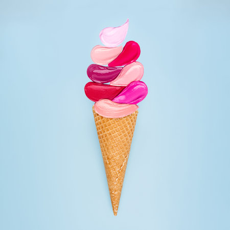 Creative concept of lipstick smeared in the form of ice cream on a white background. Flat lay of...