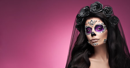 Portrait of a woman with sugar skull makeup over red background. Halloween costume and make-up. Portrait of Calavera Catrinaの写真素材