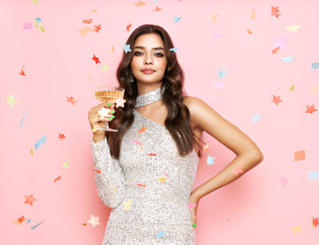 Beautiful woman in cocktail dress posing with glass of champagne under confetti. Model with curly hair. Christmas or Happy New Year. Holiday and Partyの写真素材