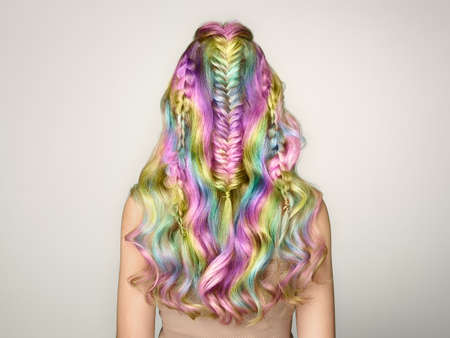 Beauty Fashion Model Girl with Colorful Dyed Hair. Girl with perfect  Hairstyle. Model with perfect Healthy Dyed Hair. Rainbow Hairstylesの写真素材