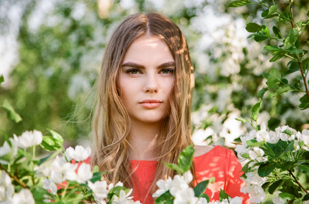 Beautiful young woman in summer garden. Beauty summertime. Film photographyの写真素材