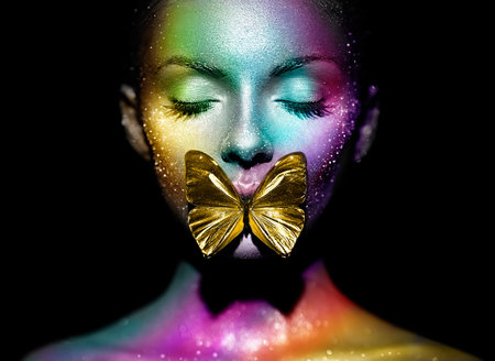 Fashion model woman in bright sparkles and neon lights posing in studio. Portrait of beautiful woman with butterfly. Art design glitter glowing make upの写真素材
