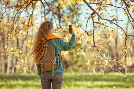 A young red-haired woman walks through the autumn park. A girl with a smartphone takes photos in an autumn forestの写真素材