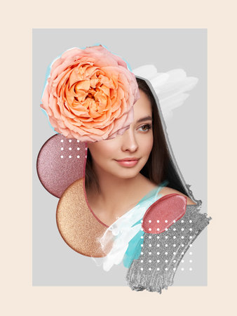 Portrait of young beautiful woman in the form of a fashionable collage. Conceptual fashion art design in a modern styleの写真素材