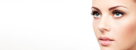 Beautiful Woman with Extreme Long False Eyelashes. Eyelash Extensions. Makeup, Cosmetics. Beauty, Skincareの写真素材