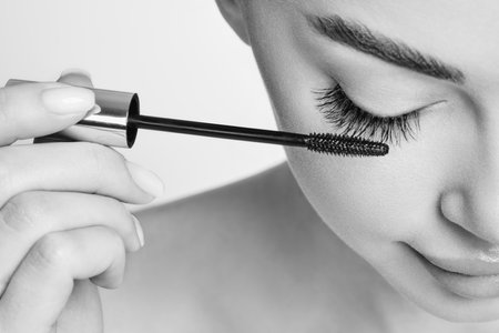Beautiful Woman with Extreme Long False Eyelashes. Eyelash Extensions. Makeup, Cosmetics. Beauty, Skincareの写真素材