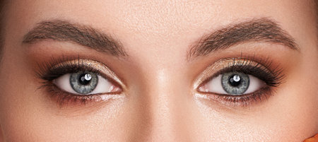 Beautiful female eyes with long eyelashes. Eyelash Extensions. Makeup, Cosmetics, Beauty. Close up, Macroの写真素材