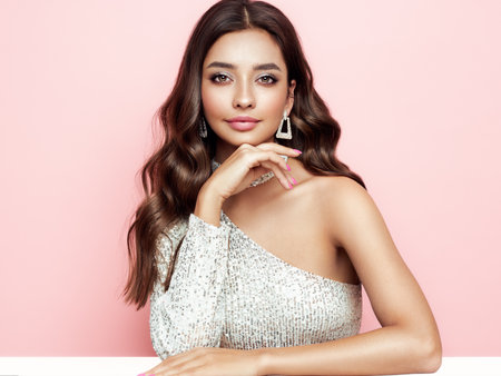 Beautiful woman in cocktail dress posing on pink background. Beauty model with long curly hair. Christmas or New Year festivities. Jewelry and manicureの写真素材