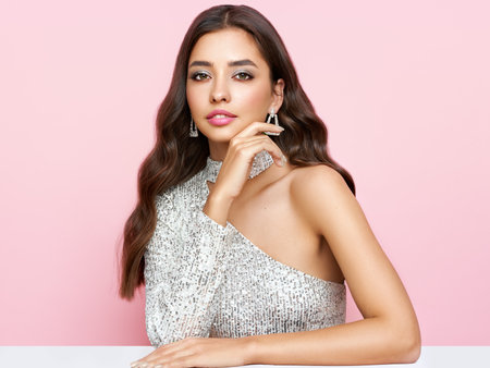 Beautiful woman in cocktail dress posing on pink background. Beauty model with long curly hair. Christmas or New Year festivities. Jewelry and manicureの写真素材