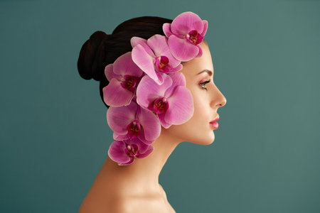 Portrait of beautiful young woman with orchid. Brunette woman with luxury makeup. Perfect skin. Eyelashes. Cosmetic eyeshadow. Purple flowersの写真素材