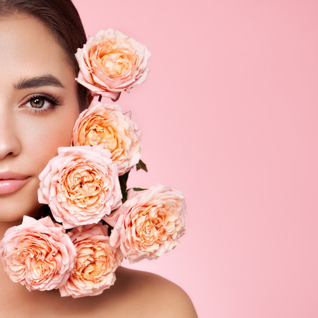 Portrait beautiful young woman with clean fresh skin. Model with healthy skin, close up portrait. Cosmetology, beauty and spa. Girl with a rose flowerの写真素材