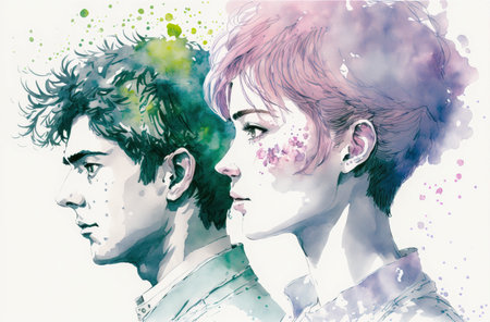Happy adorable couple in love. Portrait of young man and woman looking at each other. Love, Valentineâs Day. Watercolor illustrationの素材