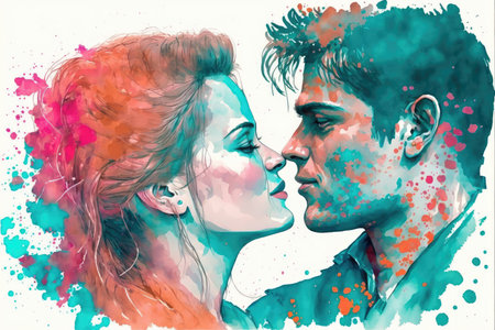 Happy adorable couple in love. Portrait of young man and woman looking at each other. Love, Valentineâs Day. Watercolor illustrationの素材
