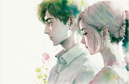 Happy adorable couple in love. Portrait of young man and woman looking at each other. Love, Valentineâs Day. Watercolor illustrationの素材