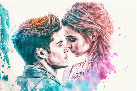 Happy adorable couple in love. Portrait of young man and woman looking at each other. Love, Valentineâs Day. Watercolor illustrationの素材