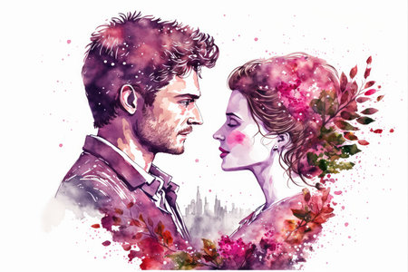 Happy adorable couple in love. Portrait of young man and woman looking at each other. Love, Valentineâs Day. Watercolor illustrationの素材