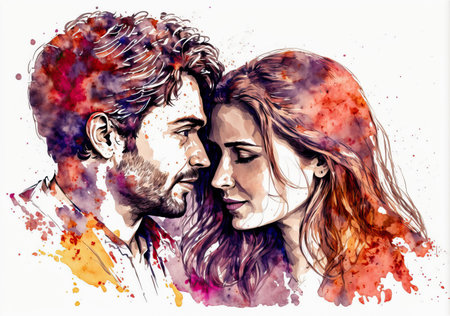 Happy adorable couple in love. Portrait of young man and woman looking at each other. Love, Valentineâs Day. Watercolor illustrationの素材