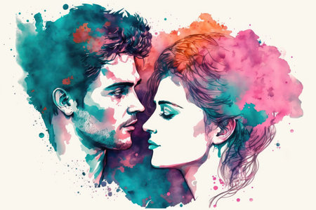 Happy adorable couple in love. Portrait of young man and woman looking at each other. Love, Valentineâs Day. Watercolor illustrationの素材