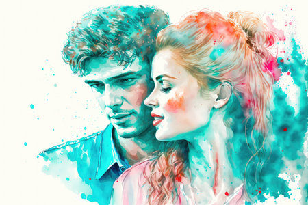 Happy adorable couple in love. Portrait of young man and woman looking at each other. Love, Valentineâs Day. Watercolor illustrationの素材
