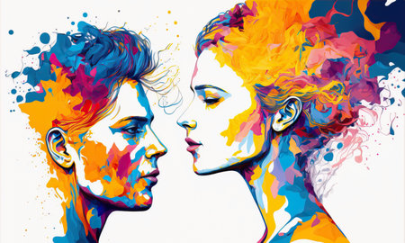 Happy adorable couple in love. Portrait of young man and woman looking at each other. Love, Valentineâs Day. Watercolor illustrationの素材
