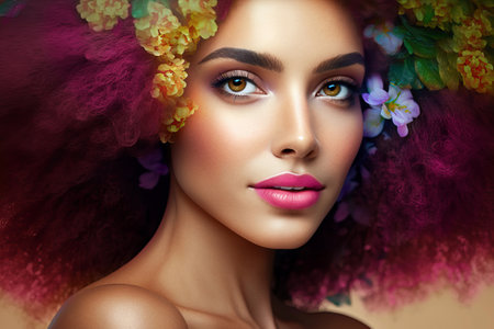 Beauty portrait of African American girl with afro hair.Hairstyle with flowers. Illustration Beautiful black woman. Generative Aiの素材