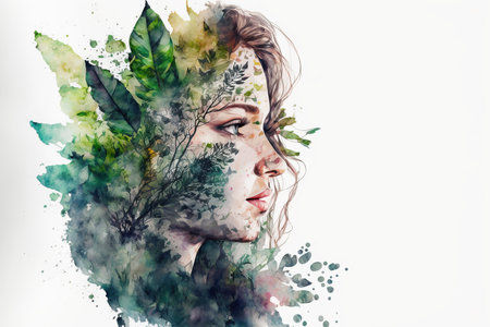 Double exposure portrait woman with a plants and leaves. Colorful creative watercolor illustration. Generative Aiの素材