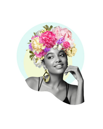 Abstract art collage of a young African woman with flowers on her head. Conceptual fashion art design in a modern styleの写真素材