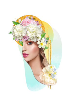 Abstract art collage of a young beautiful woman with flowers on her head. Conceptual fashion art design in a modern styleの写真素材