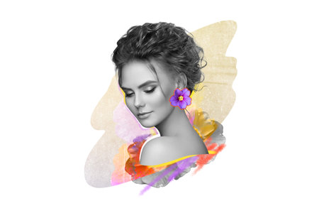 Abstract art collage of a young beautiful woman with flowers. Conceptual fashion art design in a modern styleの写真素材
