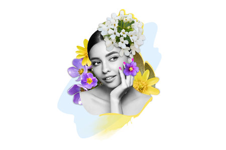 Abstract art collage of a young beautiful woman with flowers on her head. Conceptual fashion art design in a modern styleの写真素材