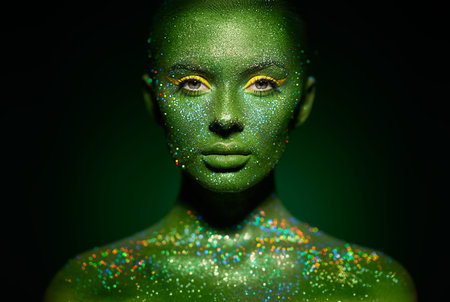 Fashion model woman skin face in bright sparkles, colorful neon lights, beautiful girl sexy lips....