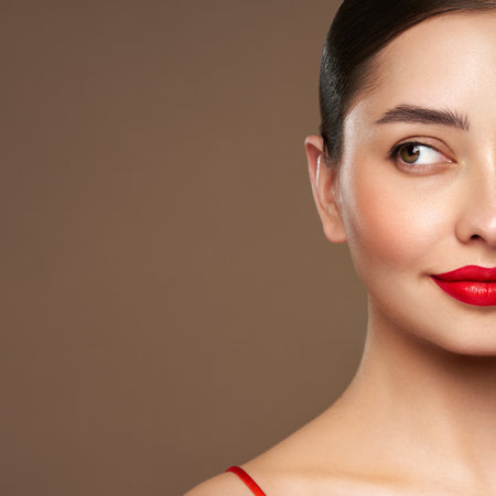 Portrait beautiful young woman with clean fresh skin. Model with healthy skin, close up portrait. Cosmetology, beauty and spaの写真素材