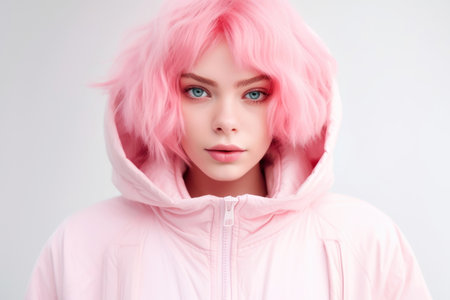 Portrait of a beautiful girl with pink hair in a pink hoodie.の素材