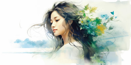 Double exposure portrait of young asian woman with a plants and leaves. Colorful creative watercolor illustration. Generative Aiの素材