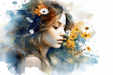 Watercolor young woman with flowers portrait art. Colorful creative watercolor illustration. Generative Aiの素材