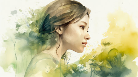 Double exposure portrait woman with a plants and leaves. Colorful creative watercolor illustration. Generative Aiの素材