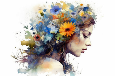 Watercolor young woman with flowers portrait art. Colorful creative watercolor illustration. Generative Aiの素材