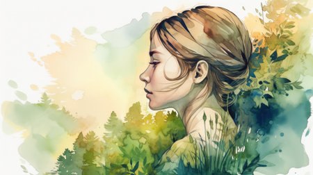 Double exposure portrait woman with a plants and leaves. Colorful creative watercolor illustration. Generative Aiの素材
