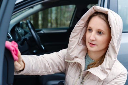 A female driver wipes the door of her car. Wet cleaning, cleanliness