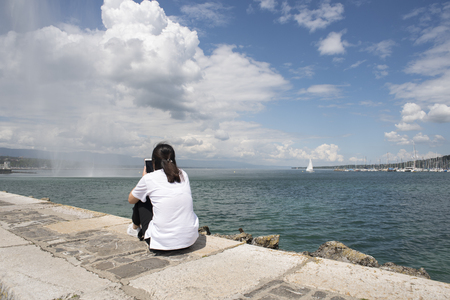 beautiful sunny day on the pier which leads to the water jetの写真素材