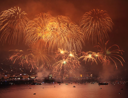Fireworks show on the shore of the Lake of Lugano  Italian Switzerland の写真素材