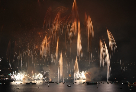 Fireworks show on the shore of the Lake of Lugano  Italian Switzerland のeditorial素材