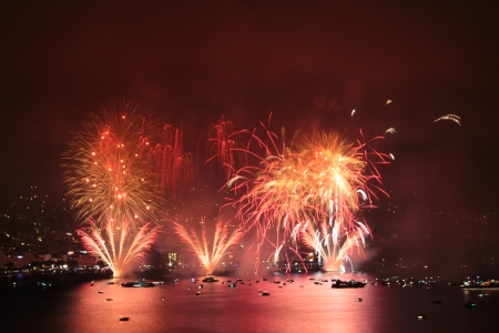 Fireworks show on the shore of the Lake of Lugano  Italian Switzerland のeditorial素材