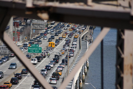 New York, NY, USA  April 1, 2010 Traffic jam during rush hour on the FDR drive, Manhattan, picture taken from the Brooklyn Bridgeのeditorial素材