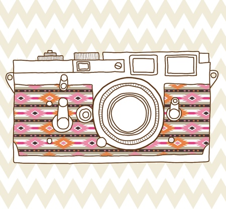 Hand drawn doodle vintage camera aztec skin のイラスト素材