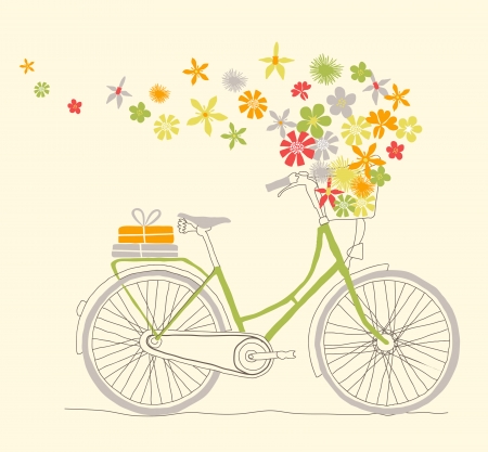 Green hand drawn bicycle with flowers  のイラスト素材